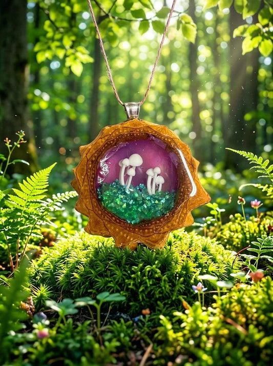 Mushroom Forest Pinecone Pendant with Crushed Glass Base | Handmade PNW Resin Jewelry | #106