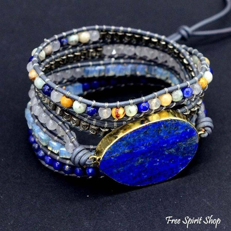 Lapis Lazuli Stone Leather Wrap Bracelet