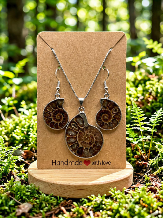 Ammonite Fossil Jewelry Set Necklace & Earrings, Natural Shell Pendant Set, Boho Earthy Jewelry, Spiral Fossil Gift