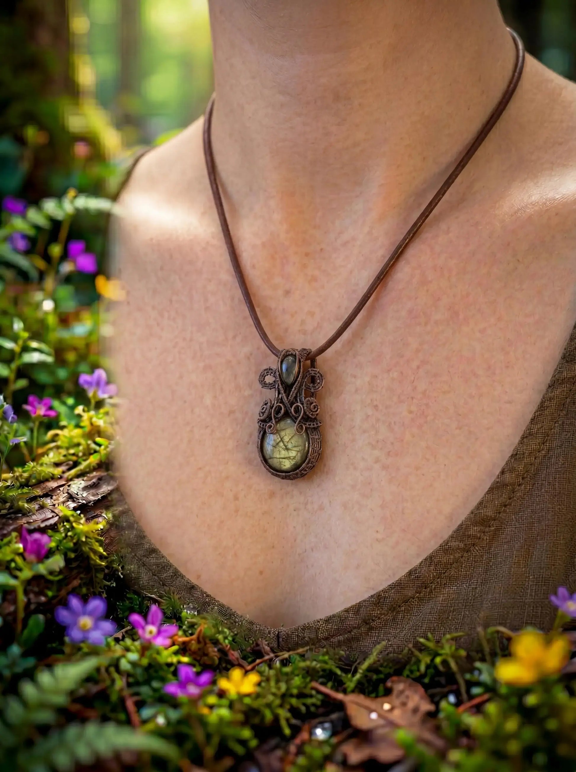 Handcrafted wire-wrapped pendant with labradorite stone, displayed on mannequin in forest setting with wildflowers.