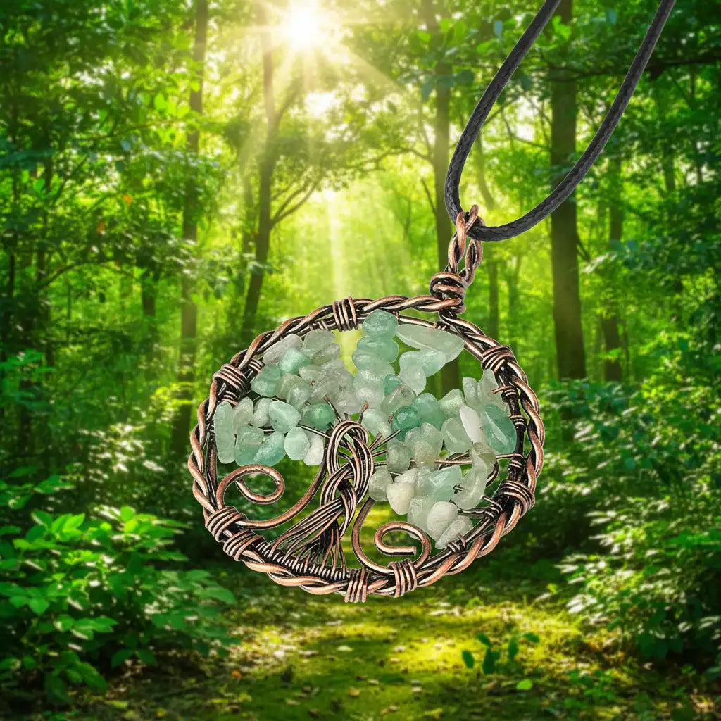 Natural Stone Wire-Wrapped Tree of Life Pendant Necklace -CS: Green Aventurine