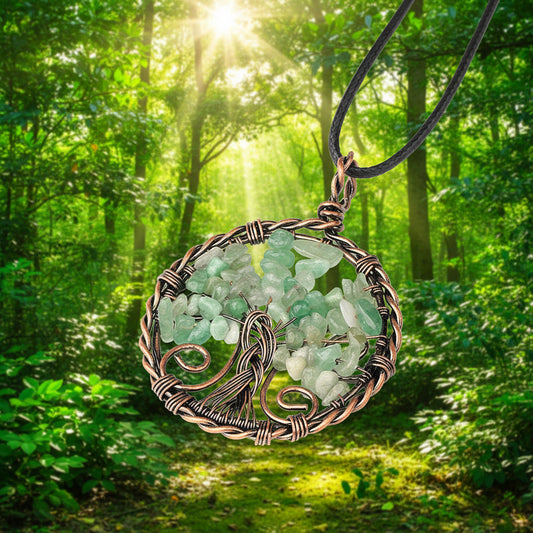 Natural Stone Wire-Wrapped Tree of Life Pendant Necklace -CS: Green Aventurine