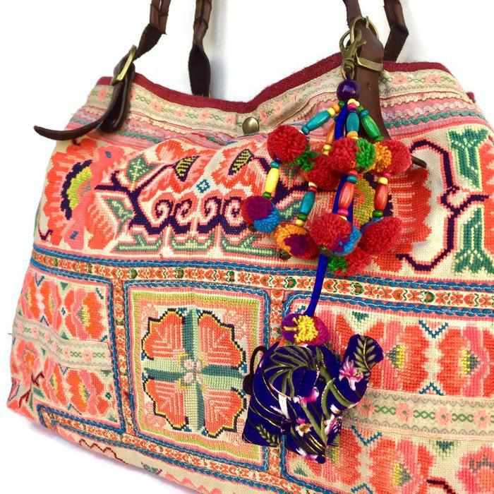 Elephant Pom Pom Zipper Pull | Handmade Bag Charm with Traditional Hmong Textiles | Thailand