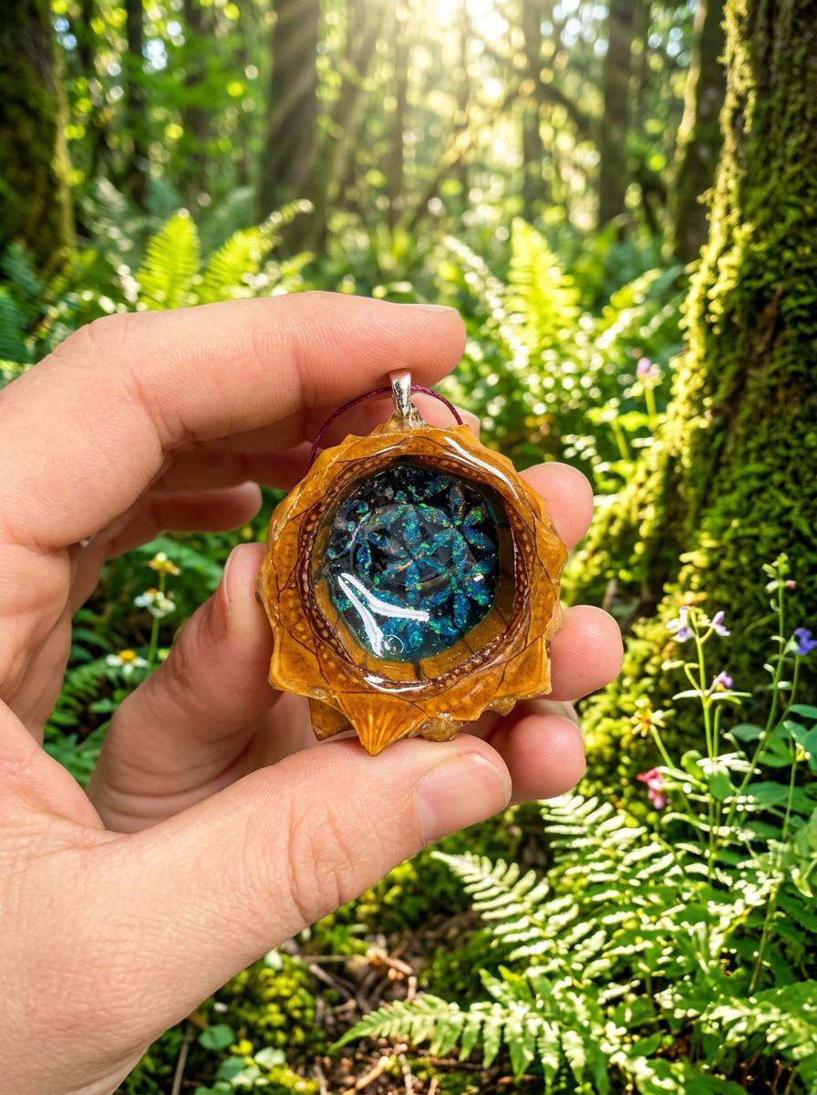 Crushed Opal and Shungite Flower of Life Pinecone Pendant