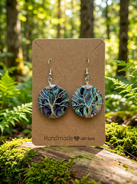 Wire Wrapped Tree of Life Earrings – Abalone Shell Statement Earrings – Handmade Boho Ocean Jewelry Gift for Her