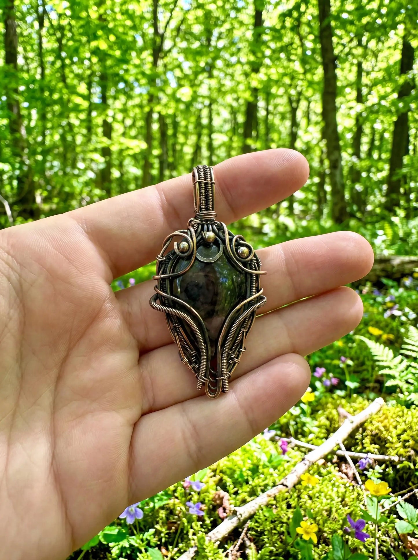 Wire Wrapped Pendant Necklace | Dark Stone | Arcane Design | Handmade Statement Piece