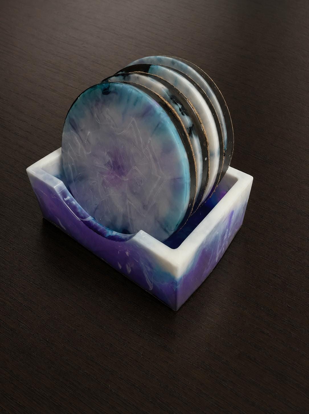 Milky Cloud Resin Coasters with Holder | Blue Purple Swirl Art Set