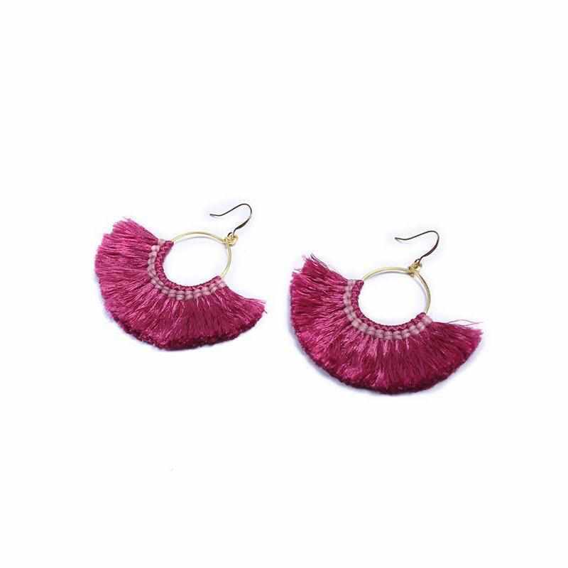Half Moon Silk Tassel Handcrafted Earrings - Thailand