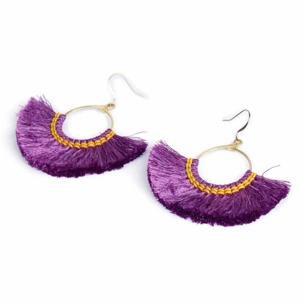 Half Moon Silk Tassel Handcrafted Earrings - Thailand