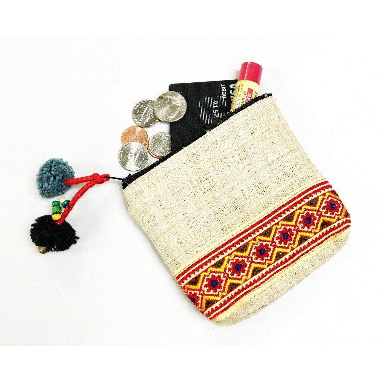 Hemp and Textile Boho Coin Purse with Pompoms - Thailand