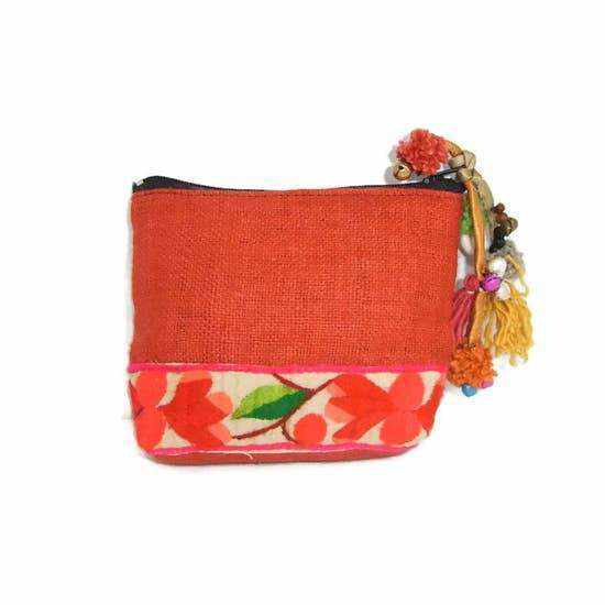 Hemp and Textile Boho Coin Purse with Pompoms - Thailand