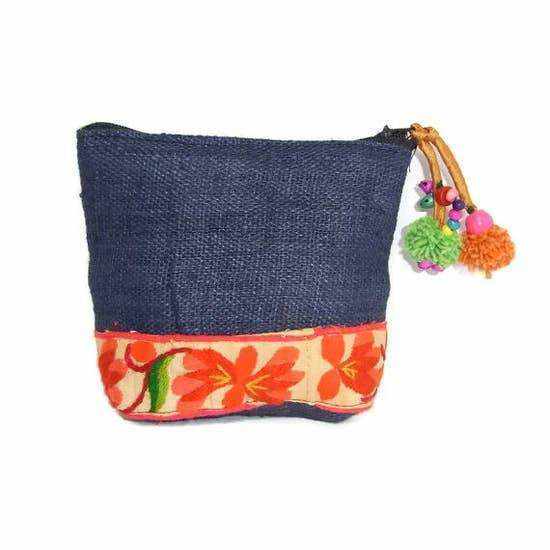 Hemp and Textile Boho Coin Purse with Pompoms - Thailand