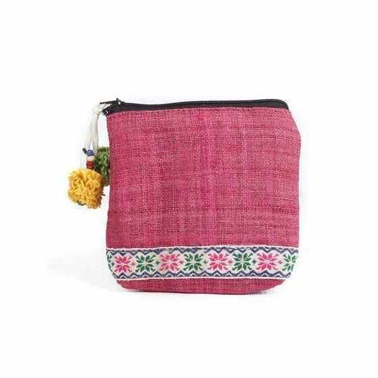 Hemp and Textile Boho Coin Purse with Pompoms - Thailand