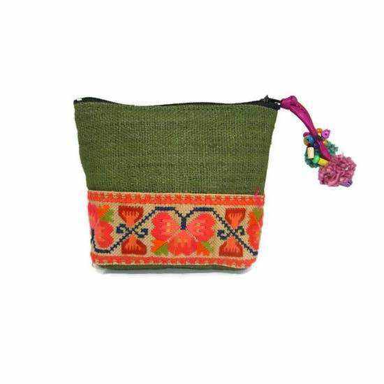 Hemp and Textile Boho Coin Purse with Pompoms - Thailand