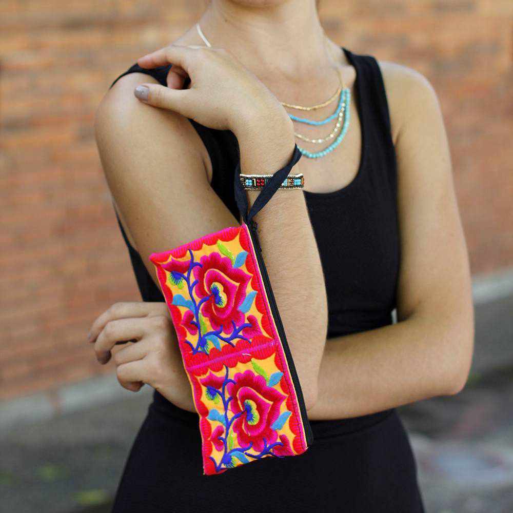 Hmong Embroidered Wristlet Clutch – Fair Trade Handmade Pouch - Thailand