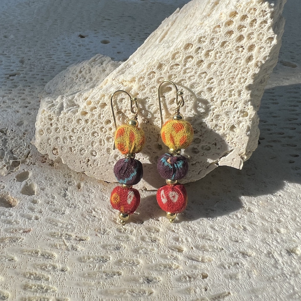 Kantha Sari Earrings Handmade Stacked Beads Repurposed Sari Fabric Lightweight