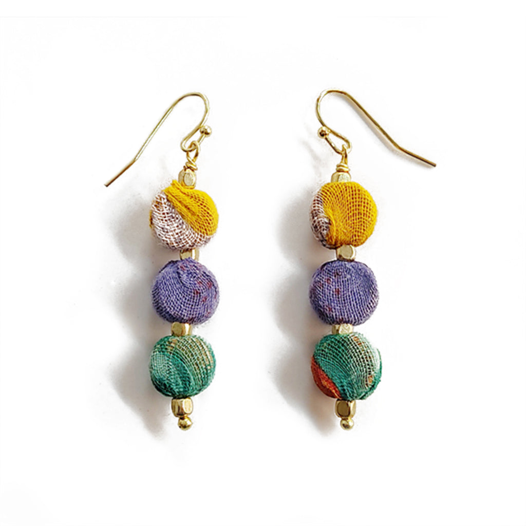 Kantha Sari Earrings Handmade Stacked Beads Repurposed Sari Fabric Lightweight