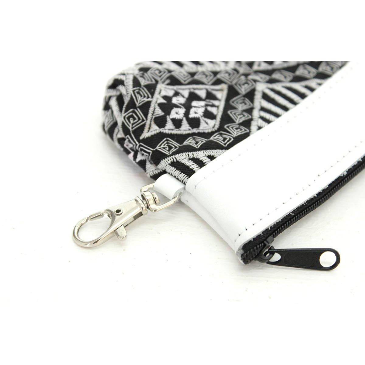 Embroidered Coin Purse Leather Trim Boho Zip Pouch Keychain Wallet Fair Trade - Thailand
