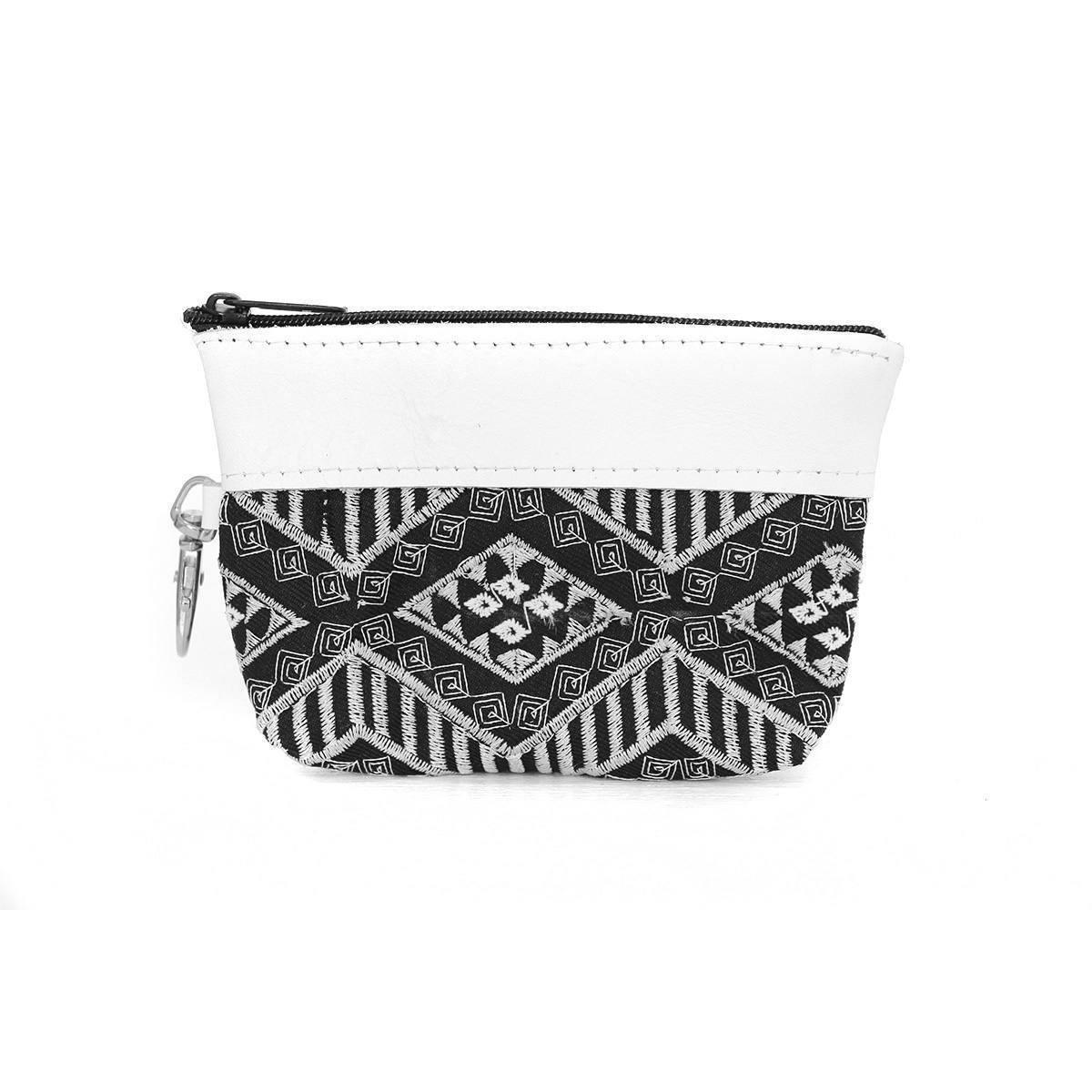 Embroidered Coin Purse Leather Trim Boho Zip Pouch Keychain Wallet Fair Trade - Thailand