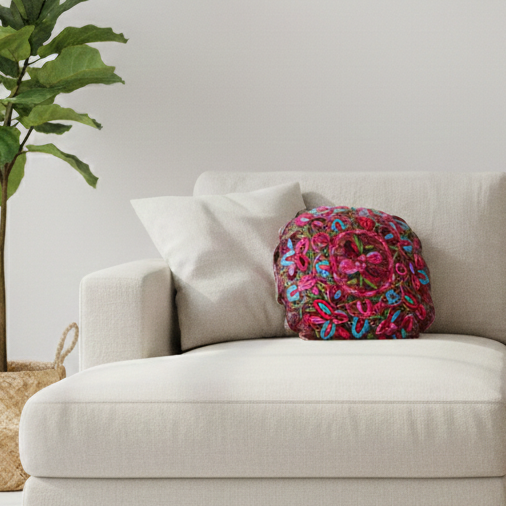 Up-cycled Moon Floral Huipil One-of-a-Kind Round Boho Pillow Cover - Guatemala