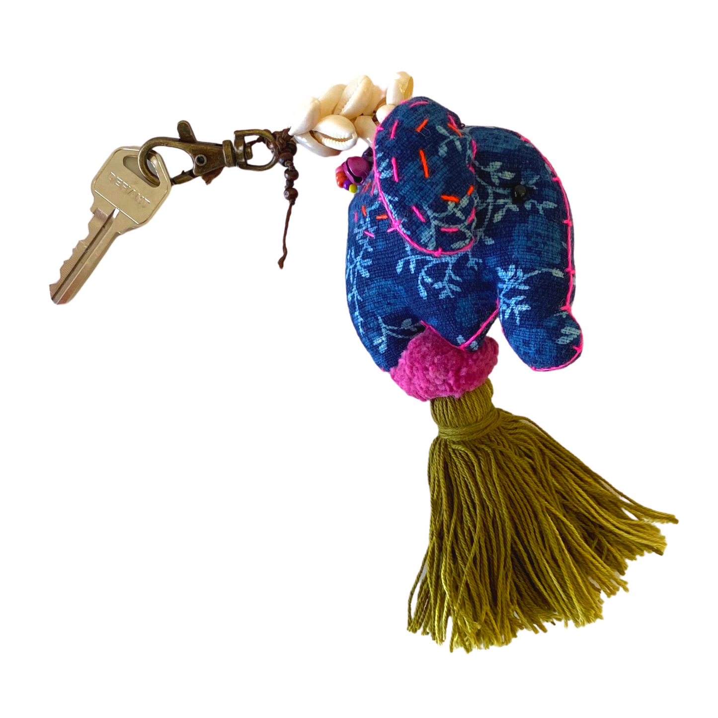Oasis Batik Elephant Keychain with Shells and Tassel | Handmade Zipper Pull | Thailand