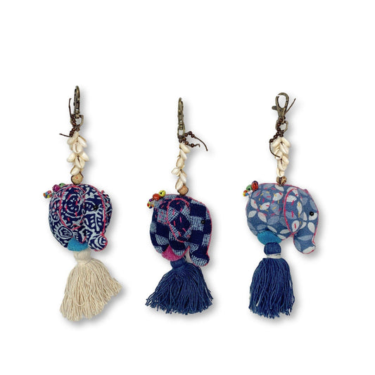 Oasis Batik Elephant Keychain with Shells and Tassel | Handmade Zipper Pull | Thailand