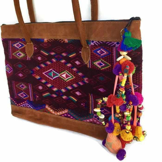 Pyramid XL Pom Pom Bag Charm | Handmade Zipper Pull with Beads and Shells | Thailand