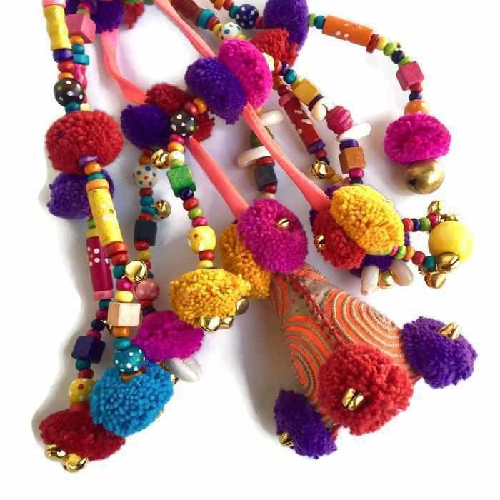 Pyramid XL Pom Pom Bag Charm | Handmade Zipper Pull with Beads and Shells | Thailand