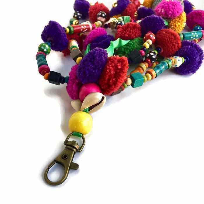Pyramid XL Pom Pom Bag Charm | Handmade Zipper Pull with Beads and Shells | Thailand