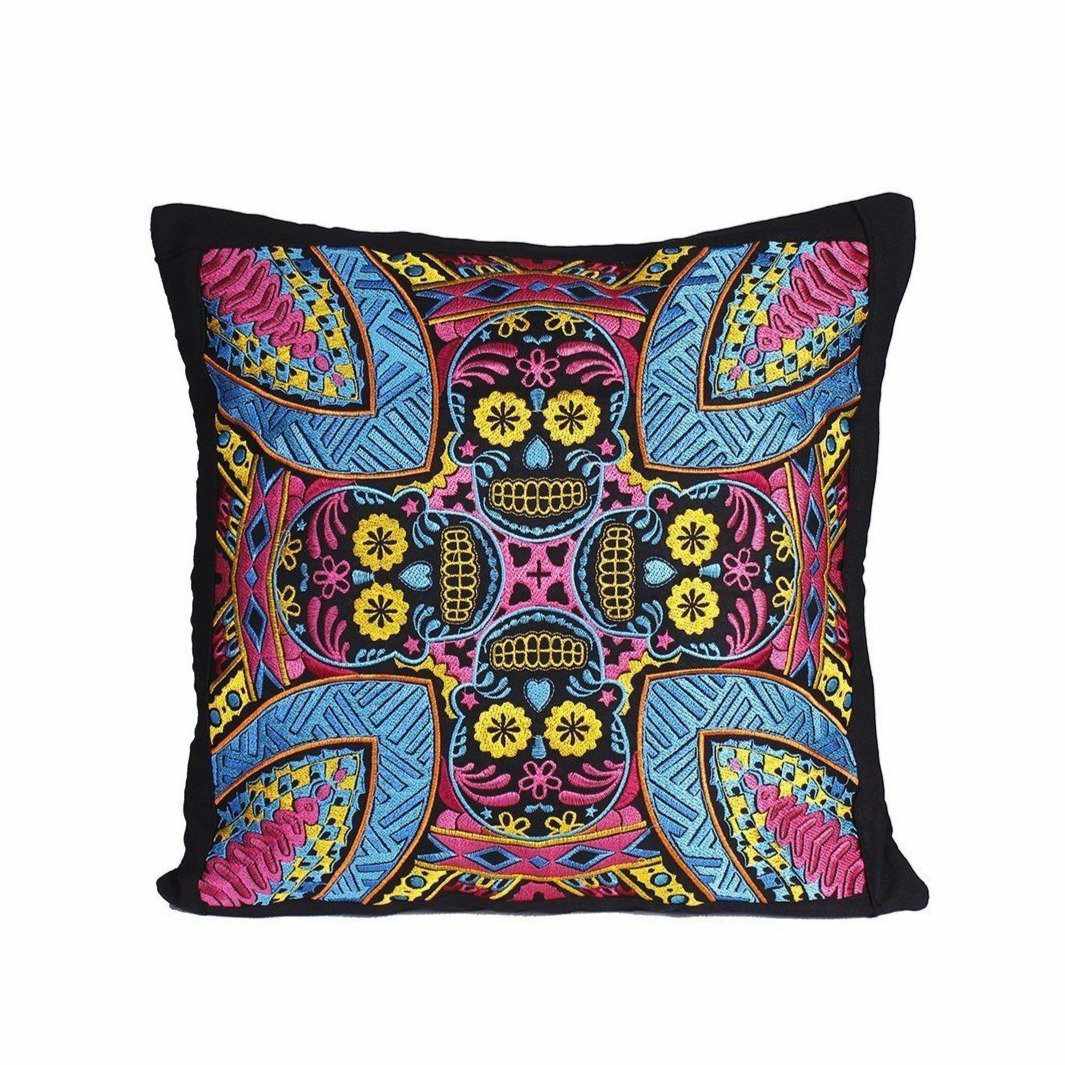 Skull Embroidered Dia de los Muertos Pillow Cover - Thailand