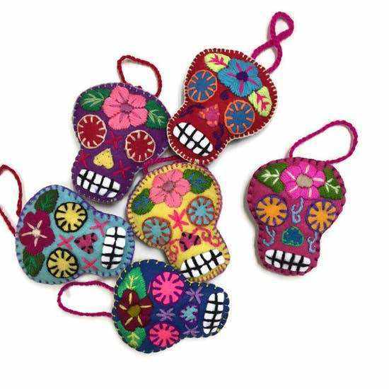 Hand-Embroidered Sugar Skull Ornament - Mexico