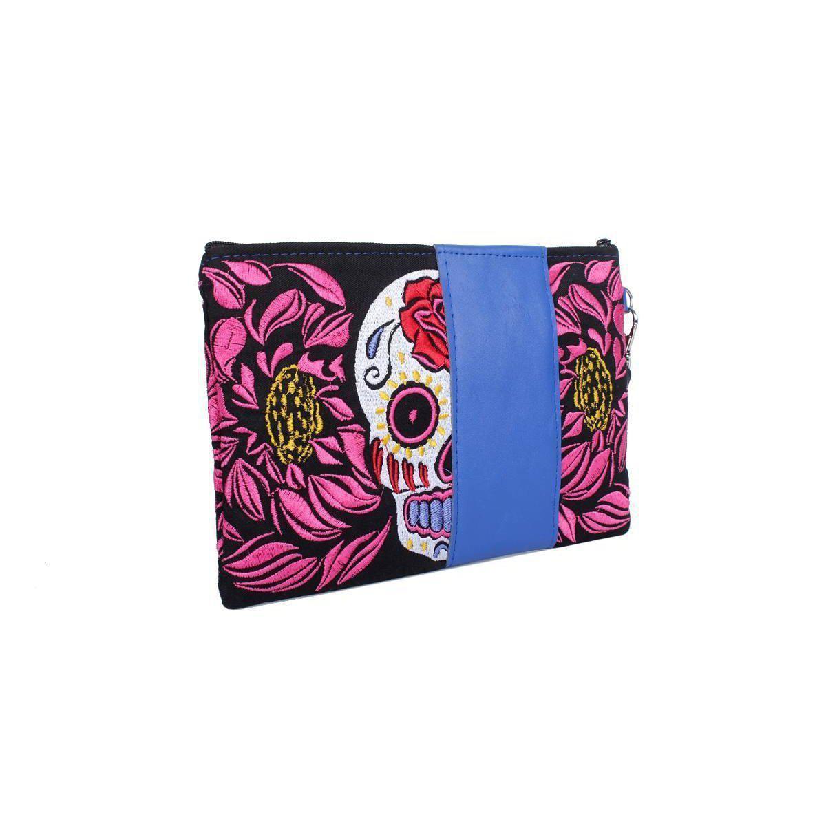 Sugar Skull and Tribal Wristlet with Leather Trim - Thailand
