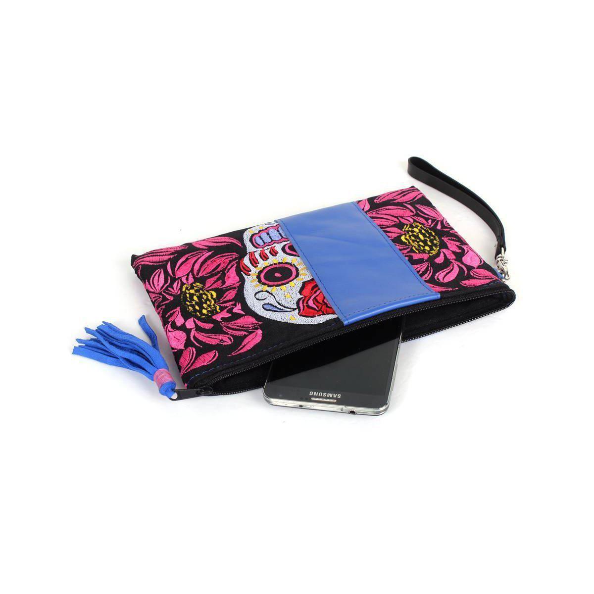 Sugar Skull and Tribal Wristlet with Leather Trim - Thailand
