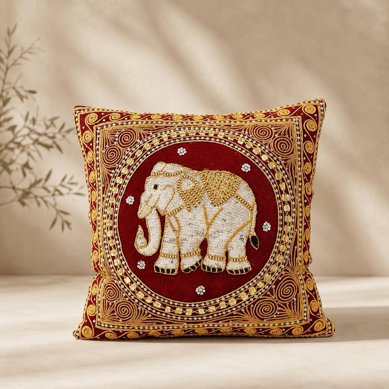 Thai Elephant Embroidered Pillow Cover - Thailand